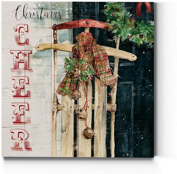 Renditions Gallery Xmas Wall Prints for Home Decor Christmas Cheer Sled Canvas Hanging Artwork for Bedroom Living Room & Kitchen Decorations - 16"X16" LT05