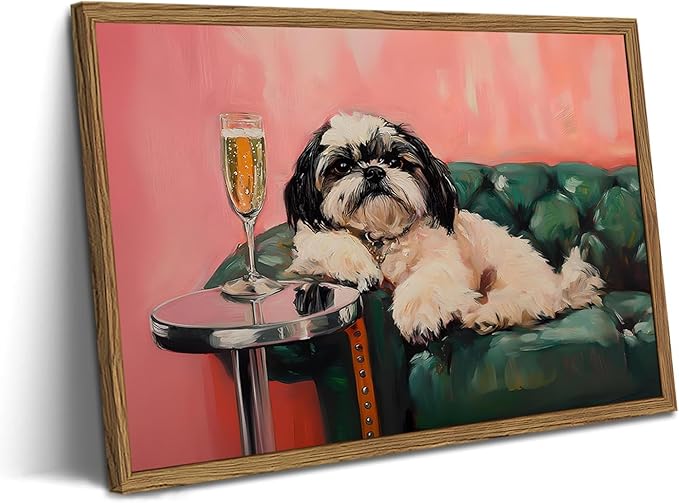Funny Dog Wall Art, Cute Animal On Couch Bar Cart Pictures Wall Decor Paintings, Eclectic Dog with Cocktail Canvas Prints, for Living Room Dining Room Bedroom 12x16 inch Wood Framed