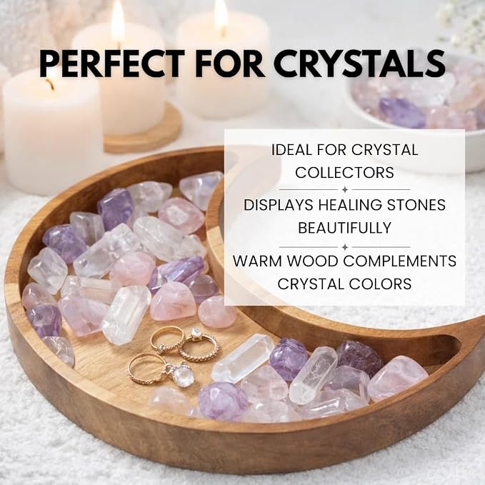 Acacia Wood Moon Crystal Display Tray - Natural Wooden Altar Tray 10.5" x 5" for Crystals and Stones Storage - Solid Wood Jewelry Organizer Dish - Boho Bedroom Decor