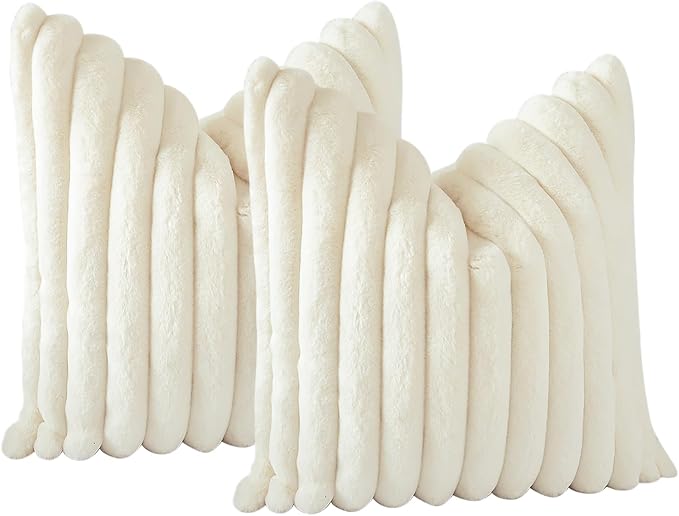 Soleebee Set of 2 Throw Pillow Covers Soft Cozy Velvet Pillowcase Faux Rabbit Fur Cover for Couch Sofa Bed Chair Home Decorative Pillows Cover (18x18 Inch, Ivory White)