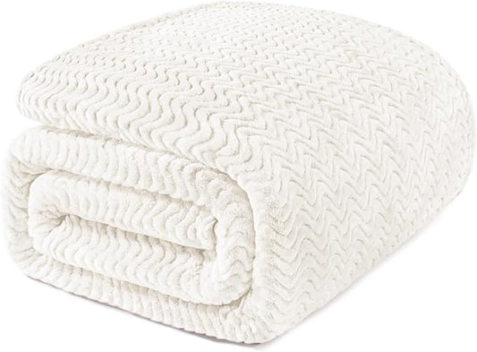 Exclusivo Mezcla Soft Fleece Blanket Queen Size for Bed, Sofa, Ivory | 90"x90" Breathable Lightweight Flannel Blanket for Summer, Plush Cozy Jacquard Wave for Home Decor