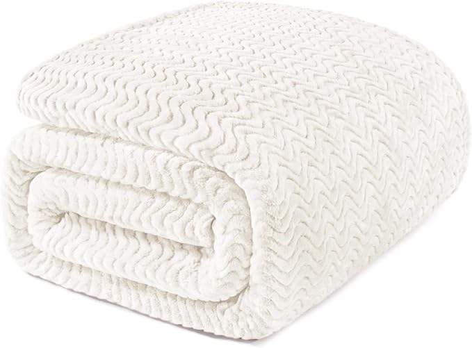 Exclusivo Mezcla Soft Fleece Blanket King Size for Bed, Sofa, Ivory | 90"x104" Breathable Lightweight Flannel Blanket for Summer, Plush Cozy Jacquard Wave for Home Decor