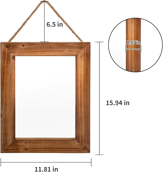 OKSQW Farmhouse Wall Mirror Brown Rectangle Rustic Wood Mirror 16 X 12 Inch Decorative Wood Frame with Mirror and Hanging Hemp Rope, Hanging Mirror for Bathroom Bedroom, Entryway, Dresser Wall Mirror