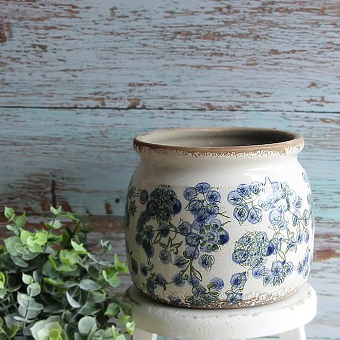 Vintage Cottage Ceramic Planters, French Flower Pot & Vase with Drainage | 6.29" Rustic Country Crackle Glaze Plant Pots for Indoor/Outdoor, Blue and Green Floral Vases, Home Decor Gifts