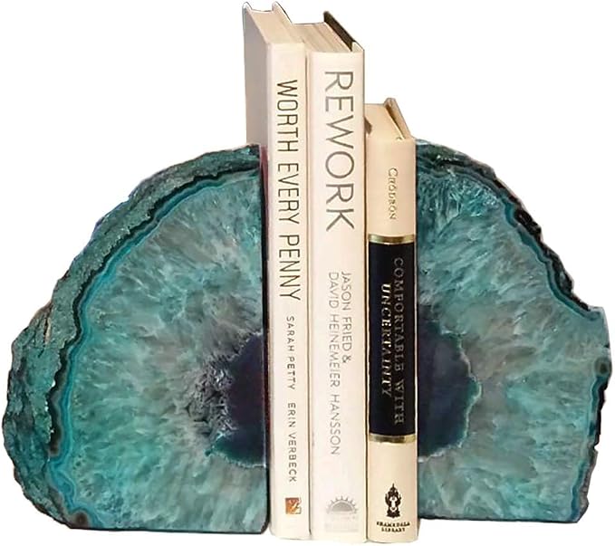 Agate Geode Bookends Heavy Duty Teal Crystal Stone Book Holders Decorative | Polished Stone Book Stoppers Supports Home Office Decor with Rubber Bumpers Dyed Teal 1 Pair, 2-3 LBS