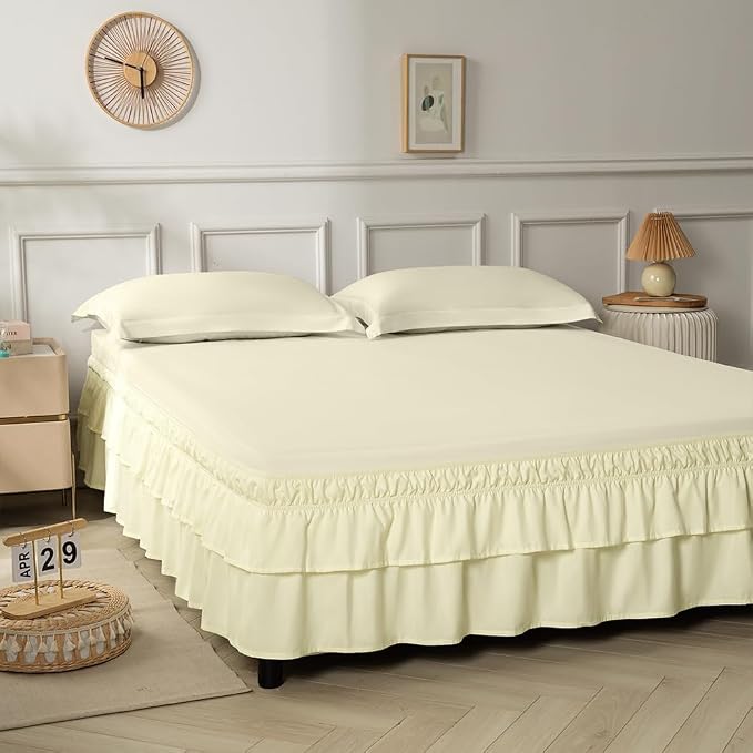 Double-Layered Ruffled Bed Skirt,Beige,Twin/Twin XL, 14" Drop | Wrap Around, Adjustable Elastic, 2 Layer, Machine Washable Soft Fabric, Multi Ruffle Bedskirt