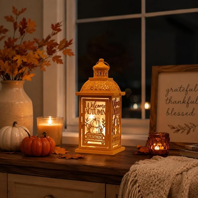 NEEDOMO Fall Decorations for Home, Decorative Candle Lantern for Tabletop Mantel Decor, Vintage Metal Lantern Candle Holders for Indoor Outdoor Decor, Halloween,Thanksgiving,Autumn(Pumpkin)