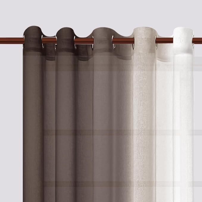 DWCN Ombre Faux Linen Sheer Curtains - Extra Wide Gradient Semi Voile Grommet Top Bedroom and Living Room Curtains, 60 x 84 Inches Long, Set of 2 Window Curtain Panels, Chocolate Brown