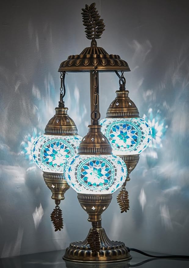 DEMMEX 3-Globe Turkish Moroccan Table Lamp, Tiffany Mosaic Glass Bedside Night Light, Handmade Colorful Mosaic Glass Globes & Antique Brass Finish Base, 21" H, Sky Blue & White