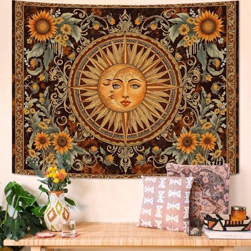 Accnicc Vintage Sun and Moon Tapestry Wall Hanging Boho Floral Sunflower Indie Wall Tapestry Aesthetic Celestial Brown Orange Large Hippie Tapestries for Bedroom Living Room Decor 80 x 60 Inch