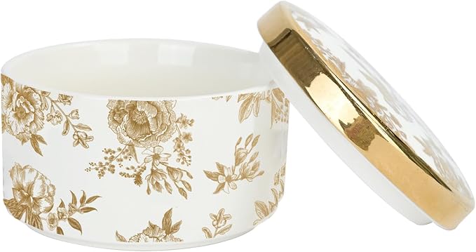 Sweet Water Decor Gold Delft Round Trinket Box, Jewelry Storage for Nightstand, Dresser, or Counter, Small Ring & Keepsake Storage, Elegant Gift for Wedding, Anniversary or Hostess