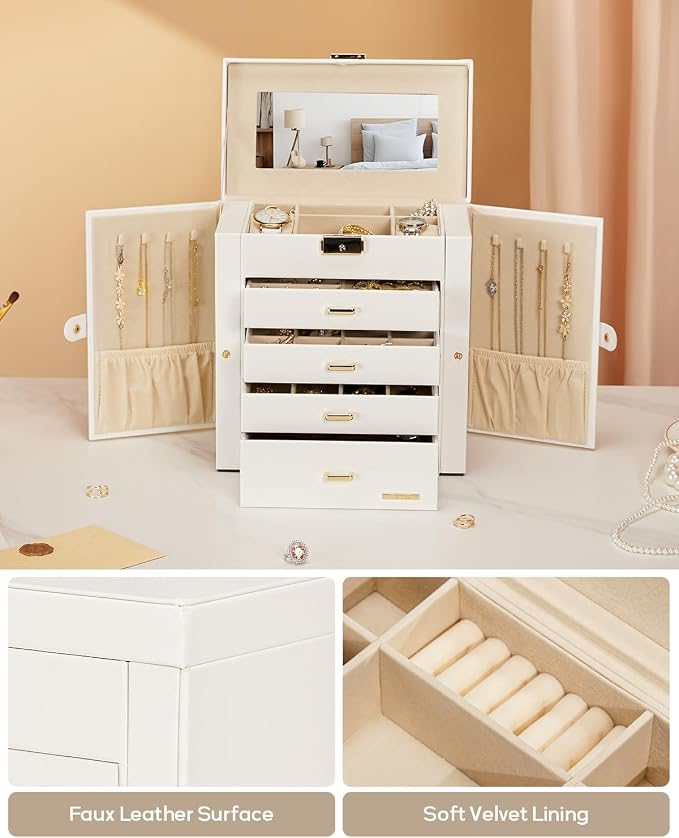 Homde Large Jewelry Box for Women: 5-Layer Organizer with Lock for Dresser | Separated Storage for Necklace Earring Ring Watch to Sort Daily Jewelry - Keep Vanities Tidy - Birthday Gift