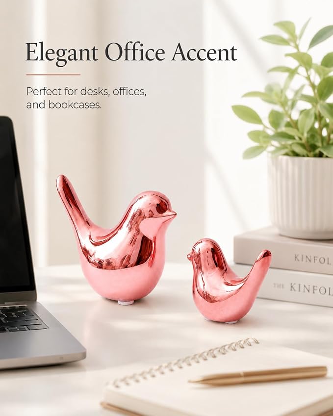 Small Pink Ceramic Birds,2 Pack Handcrafted Decorative Figurines for Home, Office, Desk, Shelf, Tabletop, Living Room, Bedroom, Coffee Table Décor, Gift for Housewarming and Holidays