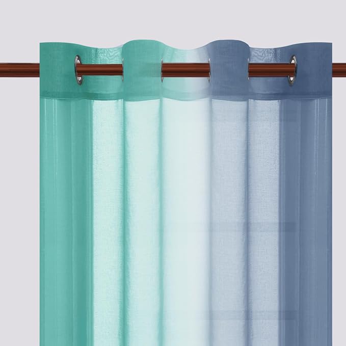 DWCN Ombre Sheer Curtains - Faux Linen Semi Voile Grommet Top Gradient Curtains for Bedroom and Living Room, Set of 2 Window Curtain Panels, 52 x 84 Inch Length（Denim Blue and Teal