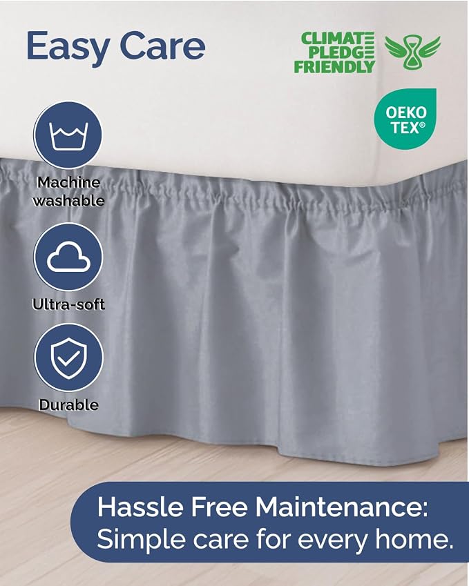 Wrap Around Dust Ruffle Bed Skirt - College Dorm Room - Twin/Twin XL | Steel Blue, 15 Inch Drop, Elastic Strap & Adjustable Pleated Bedskirt, Wrinkle Free, for Women, Men, Students, Kids & Teens