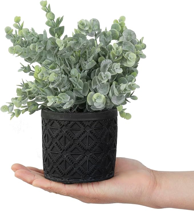 MyGift Artificial Eucalyptus Plant Black Concrete Pot Geometric, Set of 2