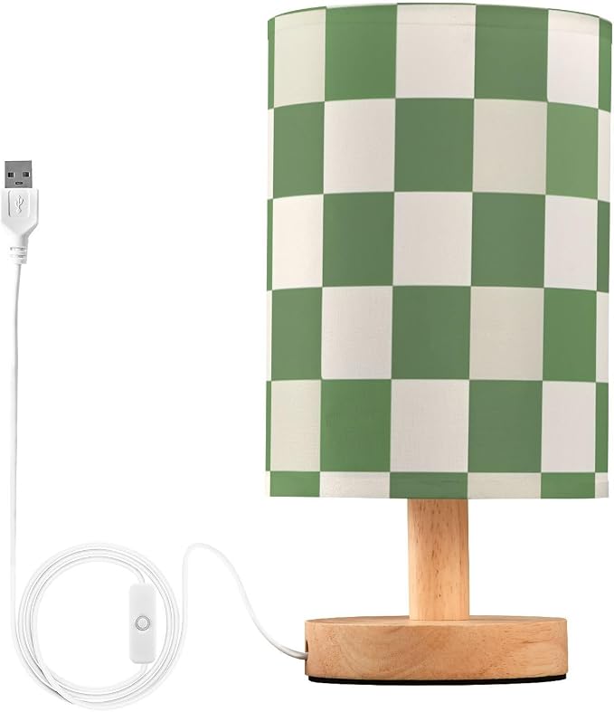 Bedside Lamp Green White Checkered Pattern Table Lamp for Bedroom LED Nightstand Lamp Shade USB Ports Wood Base for Living Room Dorm Office