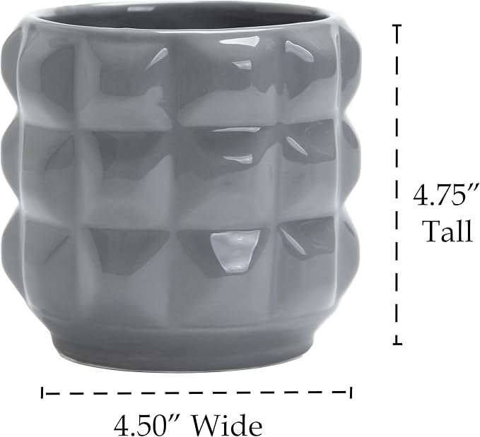 Ceramic Planter Pot with Drainage Hole, 4.5 Inch Dia, Indoor and Outdoor, Home Patio Garden, Plants Flower Succulent, 3D Patterned Round (Gray)