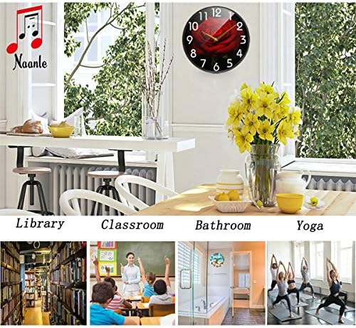 Naanle Beautiful Red Rose Print Round Wall Clock, 12 Inch Silent Battery Operated Quartz Analog Quiet Desk Clock for Home,Office,School