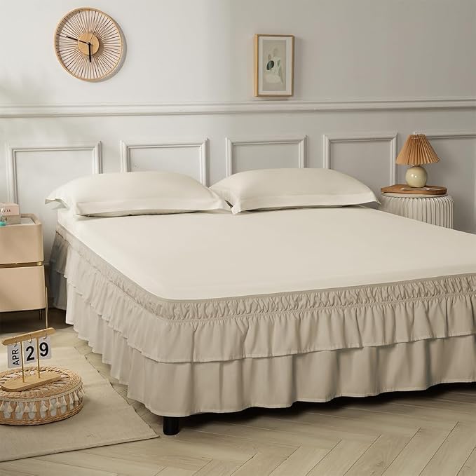 Double-Layered Ruffled Bed Skirt,Taupe,Full/Queen, 14" Drop | Wrap Around, Adjustable Elastic, 2 Layer, Machine Washable Soft Fabric, Multi Ruffle Bedskirt