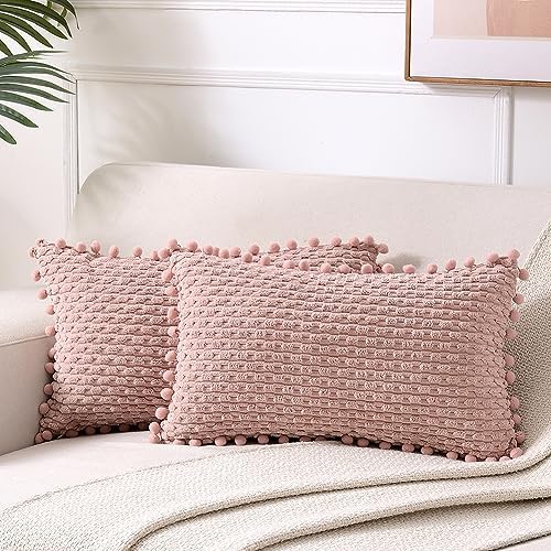 Fancy Homi 2 Packs Dusty Pink Decorative Throw Pillow Covers 12x20 Inch for Couch Bed Sofa, Modern Farmhouse Boho Home Decor, Soft Cute Plush Corduroy Cushion Case 30x50 CM