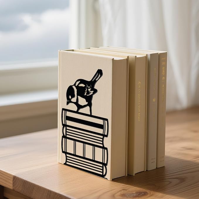 WADORN 1 Pair Sparrow Birds Books Metal Decorative Bookend for Shelves, Heavy Duty Book Ends Non-Skid Books Holder Stand Black Book Support Stoppers for Desk Bookshelf Office Home, 5.3x4.3x7.9 Inch