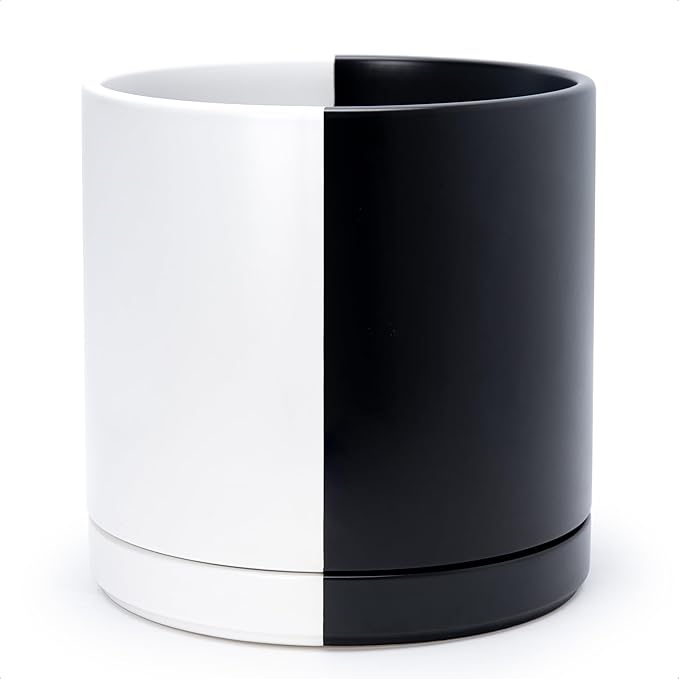 D'vine Dev 12 Inch Ceramic Planter Pot, Black White Split, 94-O-F-0 | Modern Cylinder Design, Drainage Hole & Saucer Included, Stable Structure, Elegant Home Accent