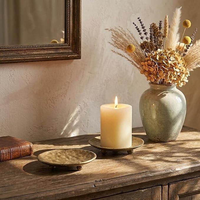 Gold Pillar Candle Holder: 4.6" Cast Iron Candle Tray and Plate