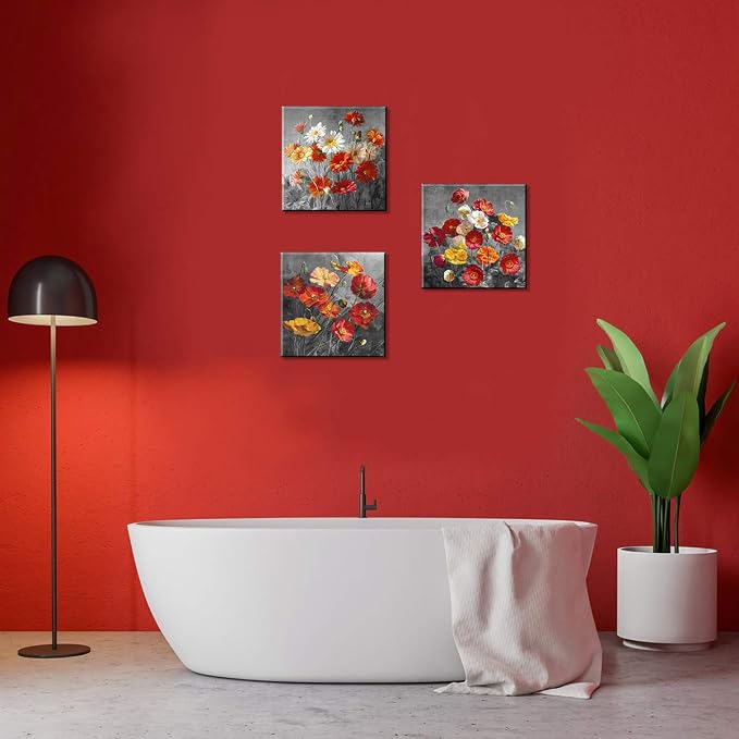 Daisiy Flower Wall Art Home Decor Red Poppy Floral Canvas Prints Paintings Artwork 24 x 24 Inch x 3 Pcs Black and White Modern Still Life Picture Decoration for Bathroon Bedroom Stretched and Framed