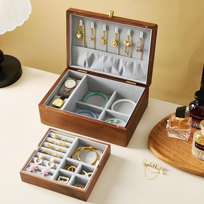 Bescott 2 Layer Solid Black Walnut Wooden Jewelry Box for Women Wood Vintage Organizer for Men Earrings Rings Necklaces Bracelet Watch Storage