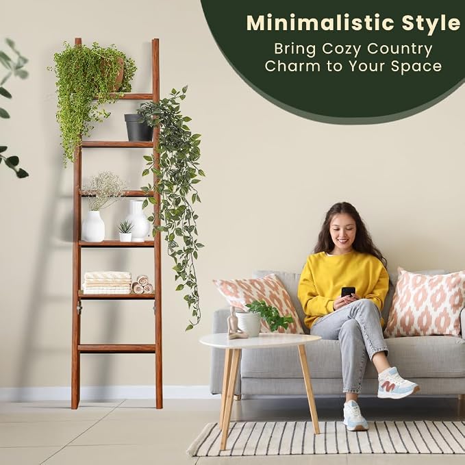 Wooden Blanket Ladder for Living Room 6-Tier, Decorative Ladder Blanket Rack & Quilt Ladder Decor, Rustic Farmhouse Wood Ladder, Anti-Slip Sturdy Blanket Holder, 68 Inch Tall, Rustic Brown