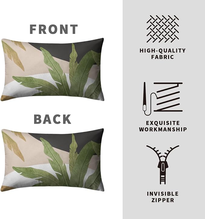 Spring Summer Green Tropical Lumbar Pillow Covers 12x20 Set of 2 Palm Leaf Throw Pillow Covers Brown and White Black Decorative Pillowcase Modern Home Decor for Bed Sofa