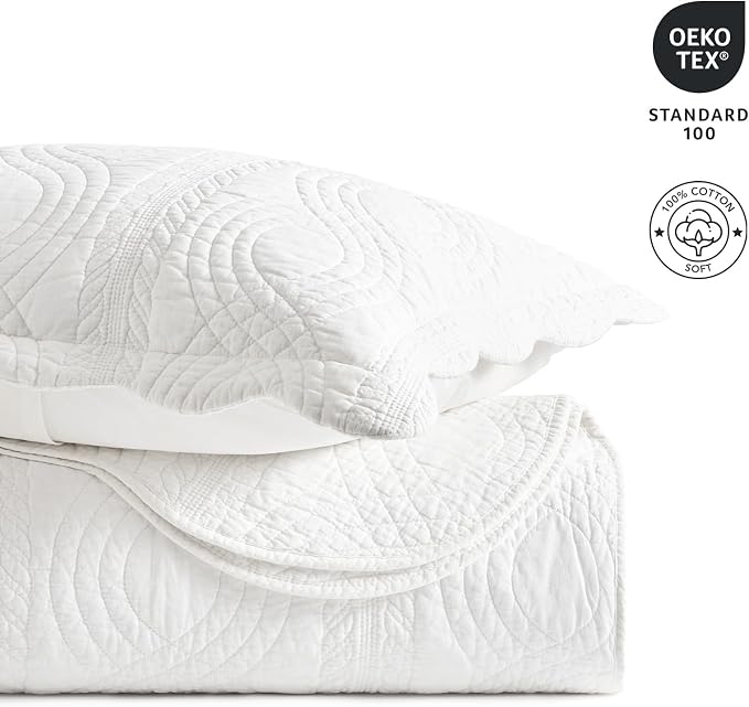 EverGrace 100% Cotton Scallop Quilt Set, King Size, Bright White | Scalloped Border, Timeless Chic Aesthetic, All-Season Comfort, Perfect French Country Bedroom Decor, 3 Piece Set with 2 Shams