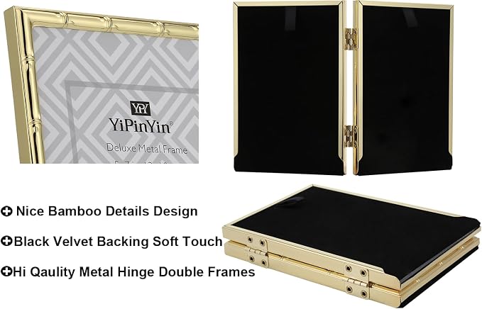 YiPinYin 4x6'' Bamboo Detail Double Photo Frames, Gold Metal Picture 6x4'' Double, Elegant Gold Thin Edge Photo Frames 4 x 6'' With Soft Touch Velvet Backing and Real Glass for Desktop