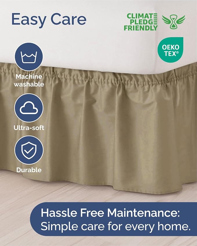 Wrap Around Dust Ruffle Bed Skirt - College Dorm Room - Twin/Twin XL | Khaki, 12 Inch Drop, Elastic Strap & Adjustable Pleated Bedskirt, Wrinkle & Fade Free, for Women, Men, Students, Kids & Teens