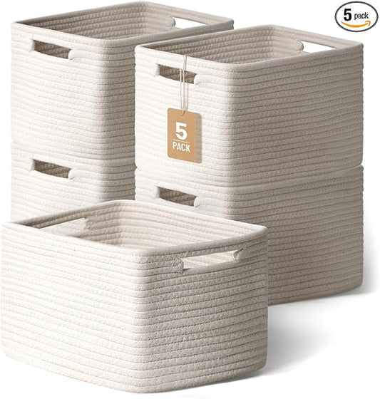 5 Pack Woven Storage Baskets, Decorative Storage Bins for Organizing | 13.8'' × 9.8'' × 7.9'', Soft Cotton Rope Basket Organizer for Closet, Shelves, bathroom, Nursery, Toys, Books, Pantry, White