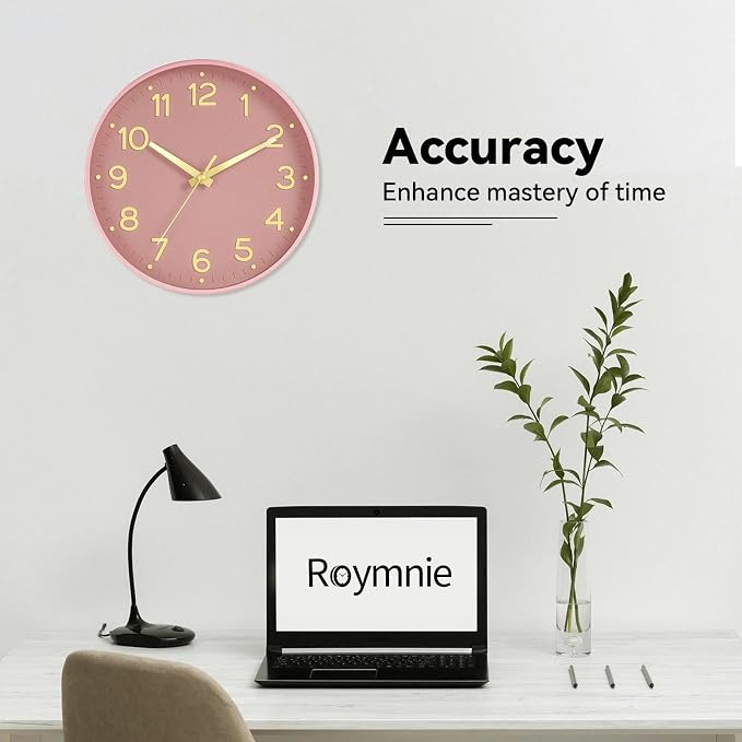 Roymnie 12 Inch Wall Clock Battery Operated Silent Non Ticking Analog | Pink Gold modern analog; large 3D easy-read dial for kitchen, office, bathroom & bedroom; 1 AA battery (not included)