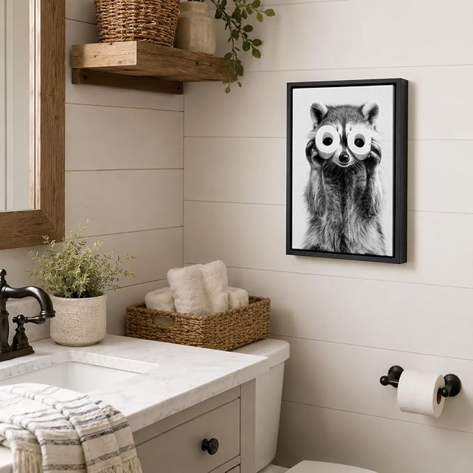 Framed Adorable Raccoon Bathroom Canvas Wall Art Toilet Paper Raccoon Wall Decor Pictures Funny Black and White Bathroom Animal Posters Prints for Restroom Home Decoration 12x16in