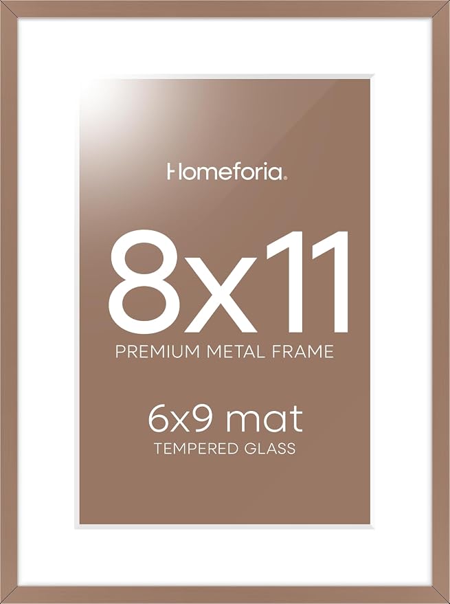 Homeforia 8x11 Mocha Picture Frame, High-End Metal, 6x9 Mat, Glass