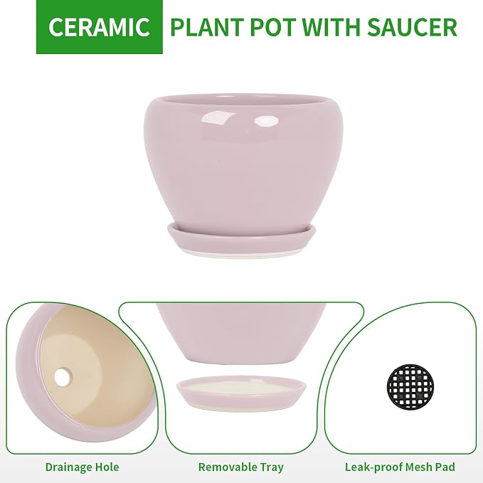 Deep Dream 8 Inch Plant Pots- Ceramic Pots for Plants with Drainage Hole and Saucer, Large Planter Pot for Indoor Plants Outdoor Decor, Pink