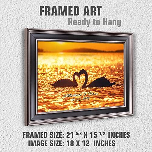 Swan Couple with Heart Framed Arts Artwork with Couple's Names,Date on,Perfect Love Gift for Anniversary.With Different Frame Styles Framed Size:21 5/8 x 15 1/2 inches