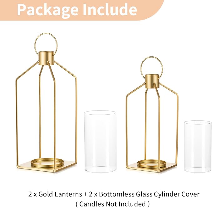 NUPTIO Gold Lanterns Decorative Indoor: Hanging Candle Lantern for Pillars | Hurricane Glass Lantern Set of 2for Wedding Home Front Porch Outdoor Fireplace Christmas Table Centerpiece