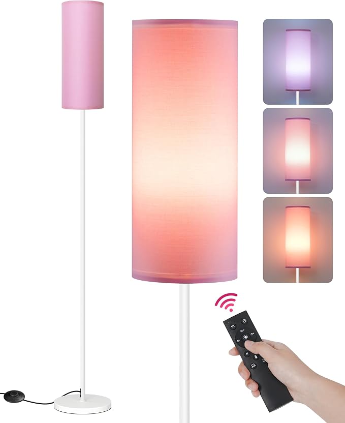 Dimmable Floor Lamps for Living Room with Remote and Foot Switch, 64.4” Modern Standing Tall Lamp, Corner Lamp for Bedroom, Bulb Included, 3000K-6500K, FCC Listed, Pink and White WP06LD05W1