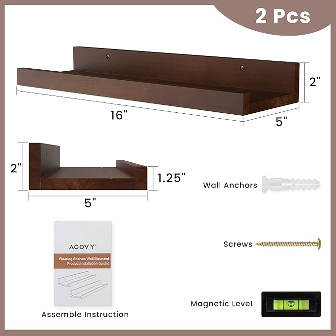 Acovy Floating Shelves for Wall, 16 inch Solid Wood Picture Ledge Shelf, Picture Shelf for Wall with Ledge, Floating Book Shelves for Living Room Bedroom Kitchen Nursery Decor, Walnut, Set of 2