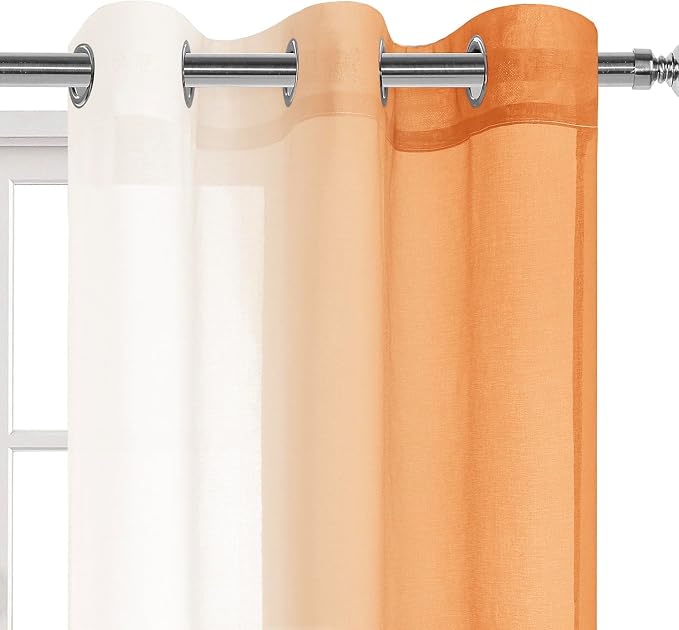 DWCN Ombre Sheer Curtains - 84 inches Long Faux Linen Gradient Semi Voile Curtains for Bedroom and Living Room, Set of 2 Grommet Top Window Curtain Panels, 42 x 84 Inches Long, Sunset Orange