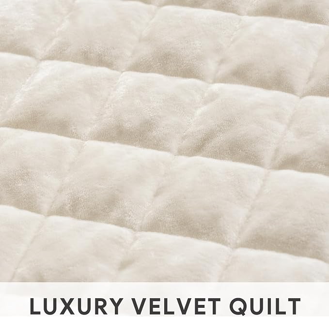 RECYCO Channel Box Stitch Velvet Quilt Set, King Size, Cream White | Ultra Soft Lightweight Velvet Comforter, Luxury Oversized Bedspread Coverlet, Quilted Bedding Set for All Season with 2 Shams