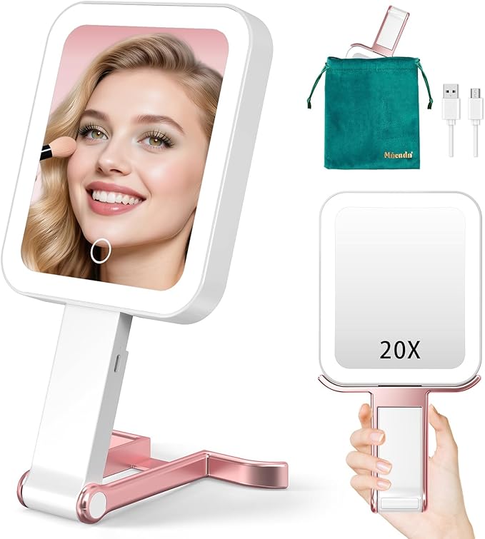 Mocado Travel Makeup Mirror with Light, 1x/10x Magnifying Mirror With Light, 3 Colors Lighted Magnifying Mirror, 2000mAh Rechargeable Lighted Makeup Mirror, Dimmable Touch, Memory Function (Rose Gold) | Double Sided Travel Mirror with 3 Color Light,Dim...