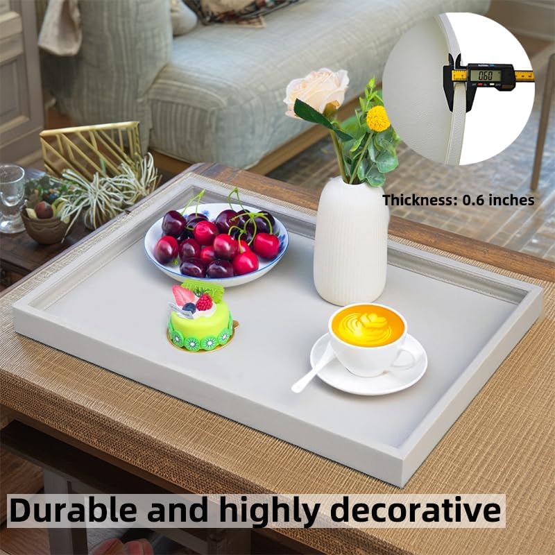 25 * 15 Inch Rectangular Ottoman Tray | Textured PU Leather, Waterproof & Heat-Resistant Storage for Coffee/Dining Tables, Sofa, Bed, Entertainment & Party (Tranquil Beige, 25 * 15in)