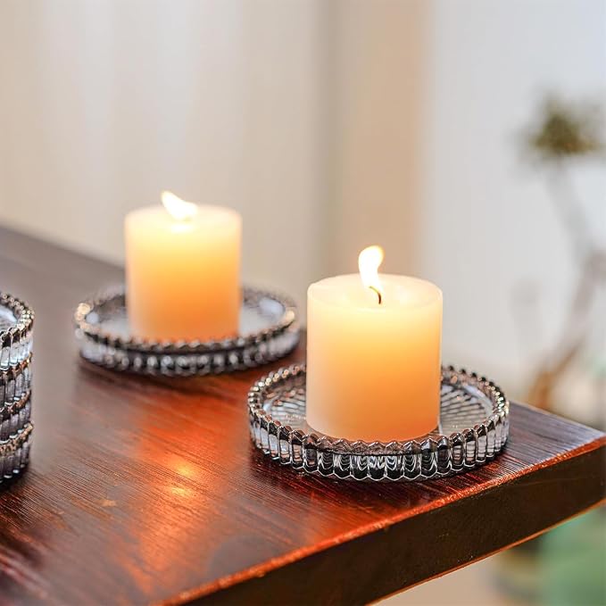 6 PCS Glass Pillar Candle Holder Plates, Black Crystal Candle Dish