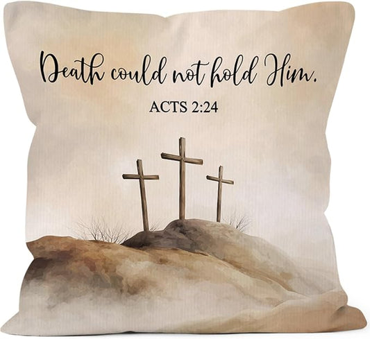 Christian Easter Cross Throw Pillow Covers Gifts 18x18, Religious Bible Verse Decor Pillow Cases for Bedroom Living Room, Death Counld Not Hold Him Decorative Pillowcases for Couch Bed Sofa